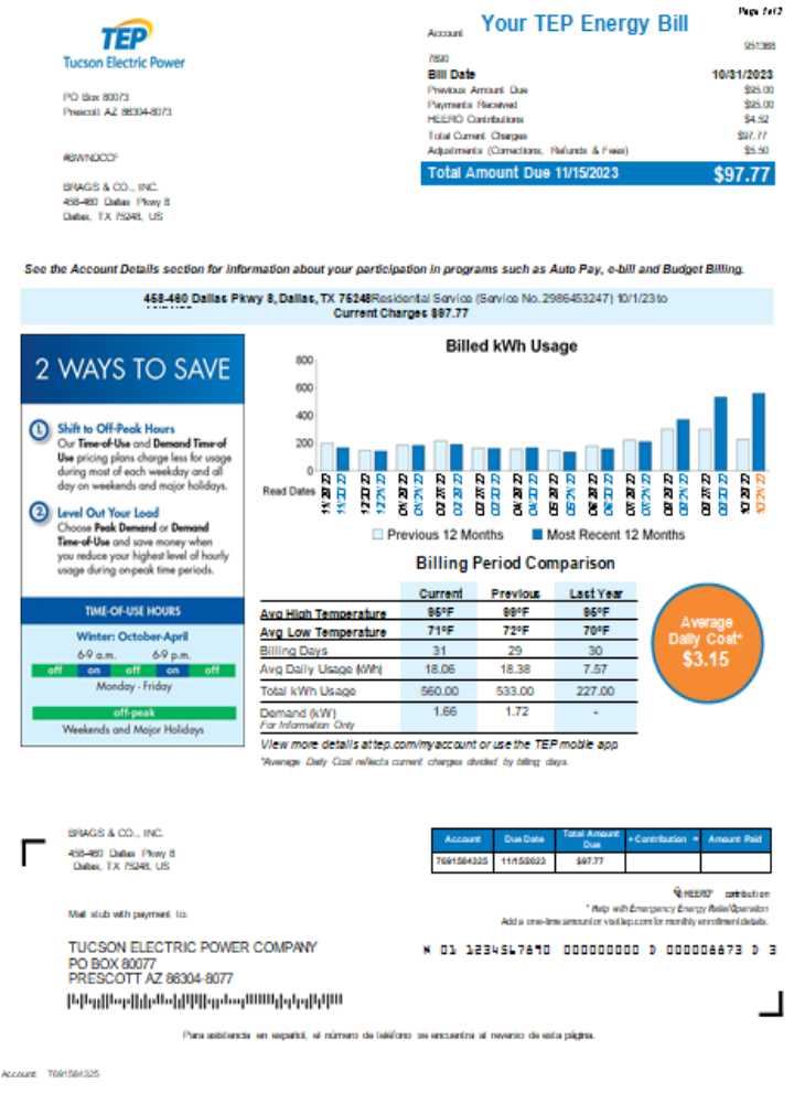 Arizona Tucson Electric Power (TEP) utility bill, page 1 SCR PSD template
